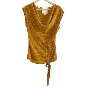 Anthropologie‎ Maeve | Size 2, Mustard Polka Dot Top, draped neckline, side tie